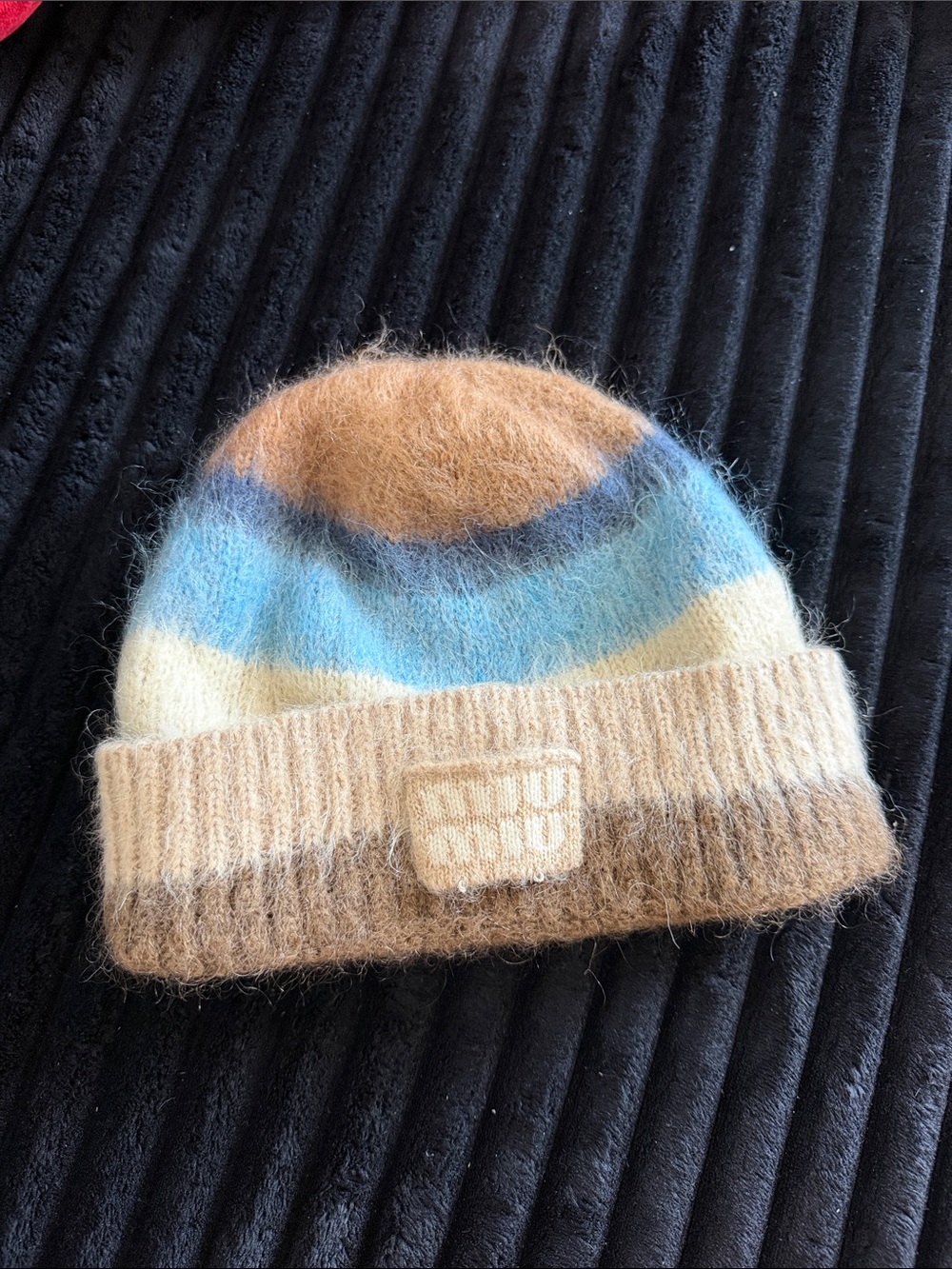 Miu Miu Striped Fuzzy Beanie in Blue, Cream & Brown